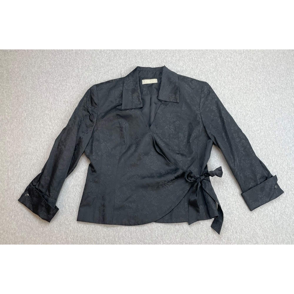 Kate Hill Blazer Womens Black 100% Silk Wrap Side Tie‎ 3/4 Sleeve French Cuffed